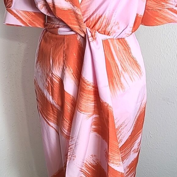 Entro Pink & Orange Midi-Dress, Short Puff Sleeves, Tie Waist, Size Small - Picture 4 of 9